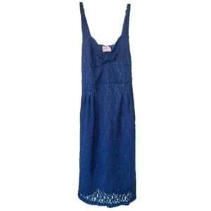 Free People Mesh Floral Lace Mini in Navy Blue Bow Tie Back Dress S